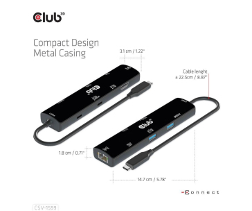 Club3D hub USB Gen3x2 Type-C (USB4), 6-in-1 s HDMI 8K60Hz/4K120Hz, 2xUSB, RJ45 a 2xUSB-C, 1xData, 1xPD - nabíjení 100W