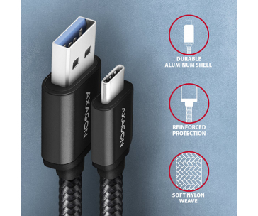 AXAGON BUCM3-AM15AB, SPEED kabel USB-C <-> USB-A, 1.5m, USB 3.2 Gen 1, 3A, ALU, oplet, černý