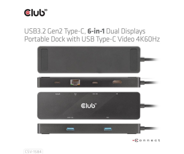 Club 3D dokovací stanice USB-C 3.2 Gen1 6in1 Hub 1x USB-C Video 4K60Hz, 1x HDMI 4K60Hz, 2x USB-A, USB-C PD 100W, RJ45