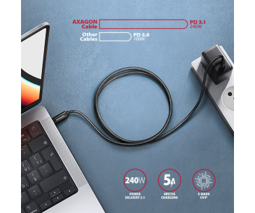 AXAGON BUCM2-CM10AB, CHARGE kabel USB-C <-> USB-C, 1m, Hi-Speed USB, PD 240W 5A, ALU, oplet, černý