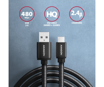 AXAGON BUMM-AM20AB, HQ kabel Micro USB <-> USB-A, 2m, USB 2.0, 2.4A, ALU, oplet, černý