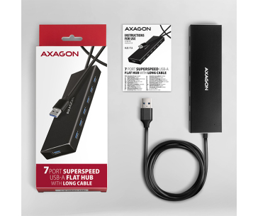 AXAGON HUE-F7A, 7x USB 3.2 Gen 1 ALU FLAT CHARGING hub, micro USB napájecí konektor, kabel USB-A 1m