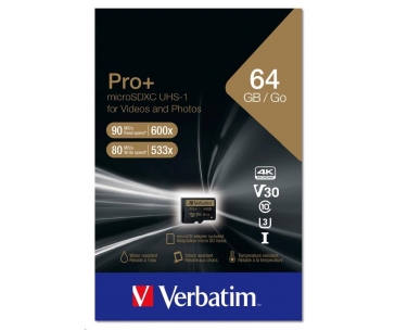VERBATIM MicroSDXC karta 64GB PRO+ Class 10, UHS 1 (R:90/W:80 MB/s)
