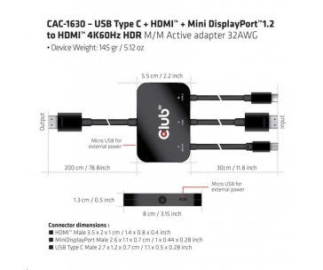 Club3D adaptér aktivní USB Type-C + Mini DP 1.2 + HDMI na HDMI 4K60Hz HDR, M/M, 32AWG