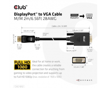 Club3D kabel DP na VGA, M/M, 2m, 28 AWG